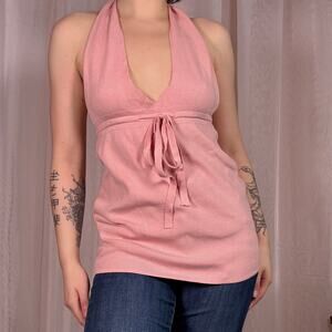 Pink Ribbed Halter Tie Front Top Adjustable Bust Y2K